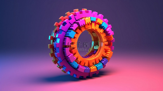 3D 渲染的艺术风格像素化齿轮