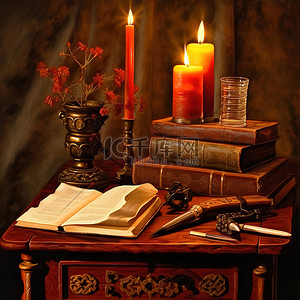 一张红色的桌子，上面有蜡烛和书，上面有一支蜡烛