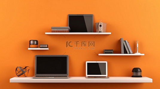 充满活力的橙色架子笔记本电脑智能手机和平板电脑 3d 渲染上的技术三重奏