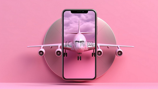 机场模板背景图片_粉红色智能手机屏幕上粉红色飞机的 3D 渲染