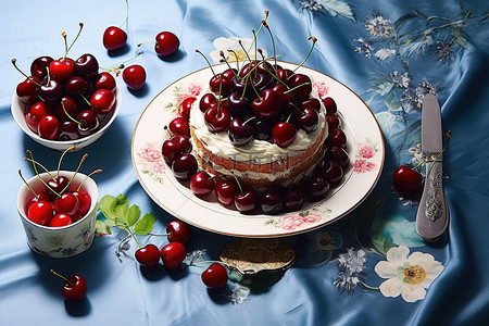 茶背景图片_桌上有樱桃和蓝莓的四黄油蛋糕
