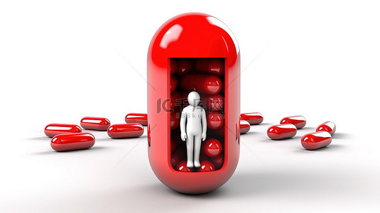 医院背景卡通背景图片_3D模型持有胶囊药丸象征医疗保健概念