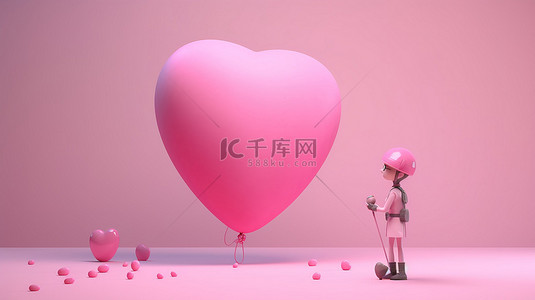 情人节主题 3d 角色，粉红色的心