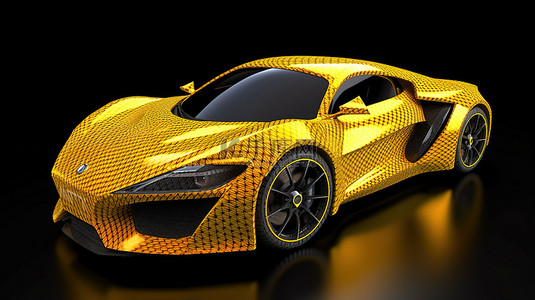 带有时尚碳纤维装饰的运动型黄色汽车的 3D 渲染