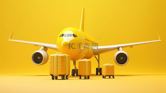 充满活力的背景中的黄色喷气式飞机和聚碳酸酯手提箱是 3d 航空旅行的概念