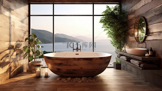相遇背景图片_现代浴缸与 3D 渲染浴室的乡村魅力相遇