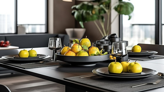 现代阁楼餐厅配有时尚的装饰和桌子上的黑色水果盘 3D 渲染
