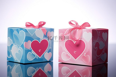 盒子里用粉色和蓝色装饰的四颗心