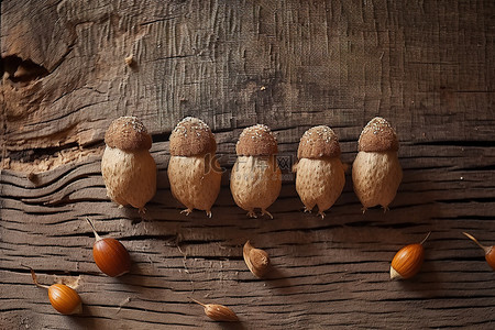 坚果可爱背景图片_老木树桩上的五个杏仁坚果