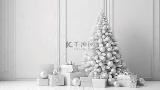 背景为礼品盒的白色圣诞树的 3D 渲染