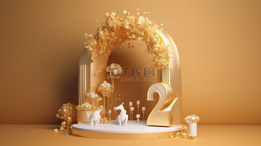 几何产品背景图片_闪闪发光的金色拱门，蛋糕架生日礼物和数字 2 3d 渲染