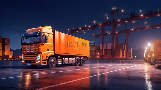 服务一体化大气商务背景图片_仓库集装箱卡车的 3D 渲染，用于货物装卸