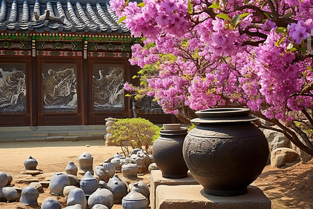 仁背景图片_庭院里的四朵杜鹃花和两个中国陶器