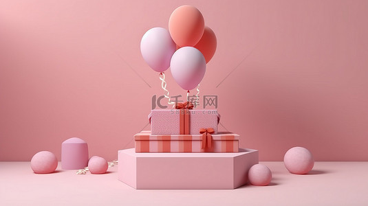 以礼盒气球和几何讲台设计为特色的欢乐生日庆典的 3d 渲染