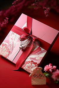 带有红丝带的红色和粉色婚礼卡