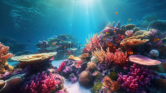 充满阳光背景图片_3D 渲染中蓝色光束照亮的充满活力的珊瑚礁