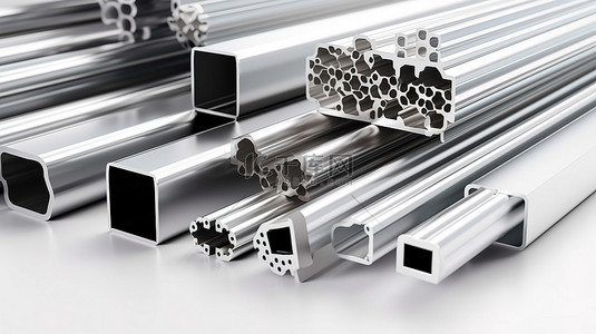 保险行业背景图片_1 白色背景上由铝或金属制成的钢管和型材的 3D 插图