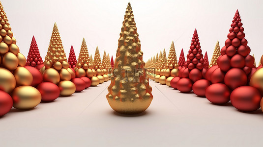 金色和红色锥形圣诞树，球在 3d 中呈现在圣诞节的白色背景上