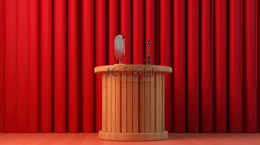 带麦克风的木制讲台，在红色窗帘背景下进行 3D 渲染