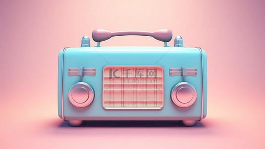 双色调风格 3d 渲染的柔和粉色背景上的复古蓝色收音机