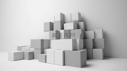 白墙背景设计，在 3D 渲染中带有一堆灰色立方体条