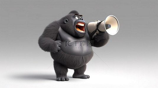 交流竖图背景图片_一个异想天开的 3D 描绘，一只胖乎乎的大猩猩抓着一台紧凑型电视，通过扬声器进行交流