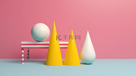 蓝色锥体和黄色球的 3D 几何元素中的当代超现实主义，粉红色背景上有白色腿