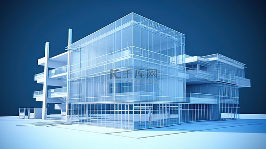 渐变蓝色背景下建筑外立面设计概念的 3D 透视白色线框渲染