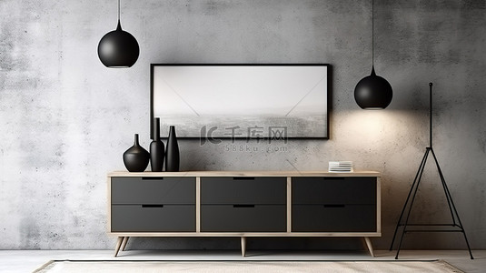 小家背景背景图片_时尚的黑色海报装饰着简约的客厅橱柜，在裸露的混凝土背景下 3D 渲染