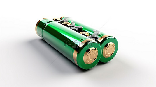 抽象充电电池上具有绿色充电水平的白色背景的 3D 渲染