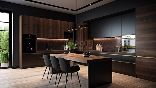 现代感厨房背景图片_时尚的木质橱柜凸显了这个 3D 渲染厨房的黑暗现代感