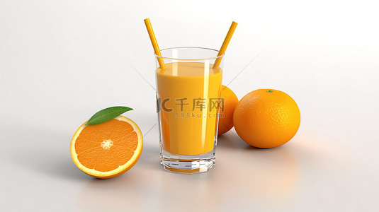 白色背景上橙汁和新鲜橙子的 3d 渲染