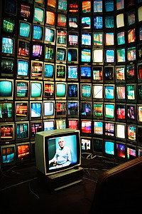 长长的屏幕墙有许多不同的电视