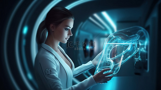 创新医疗技术女性机器人诊断与 3D 渲染和 C 臂机