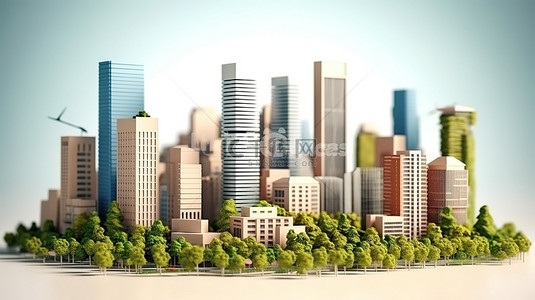 城市建筑高楼背景背景图片_摩天大楼高耸于郁郁葱葱的城市景观之上 3D 插图
