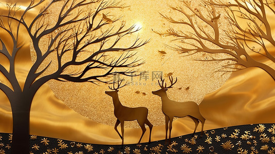 图形森林背景图片_镀金森林 3D 画布艺术，以月亮鸟和鹿为装饰壁纸