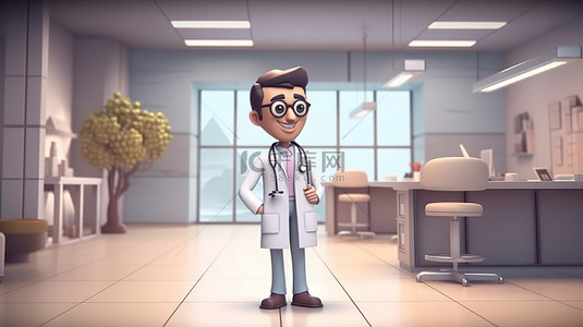 医院内部复制空间中张开手掌的男医生可用 3D 卡通风格呈现