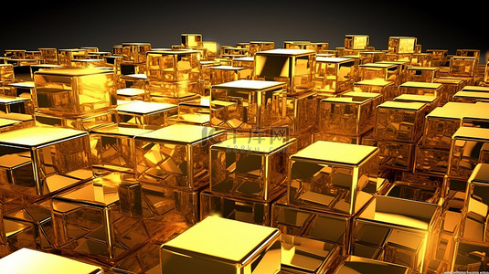 3D 抽象渲染背景设计中的金色立方体