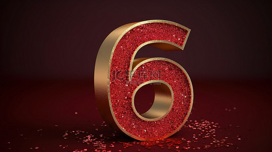 闪闪发光的金色 6 号派对装饰，带有充满活力的红色 3D 滚动横幅