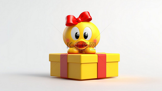 创建人物背景图片_可爱的黄鸭人物吉祥物，拿着一个礼盒，礼盒上有红丝带，背景是 3d 创建的干净的白色背景