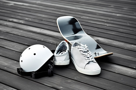运动鞋滑板和坐在木甲板上的头盔