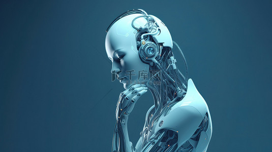 蓝色背景上女性机器人的沉思机器人 3D 渲染