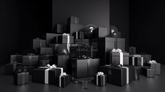 促销礼品海报背景图片_圣诞节和新年的礼物富矿与黑色星期五超级折扣 3d 渲染图像