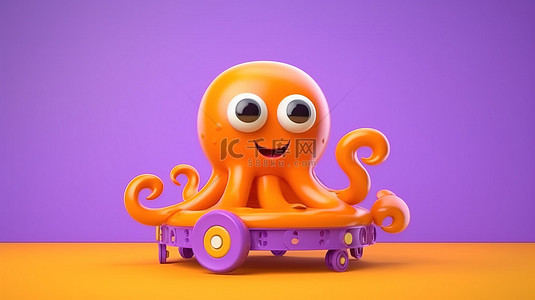 卡通玩耍儿童背景图片_紫色背景中的 3D 渲染橙色鱿鱼玩具非常适合儿童玩耍