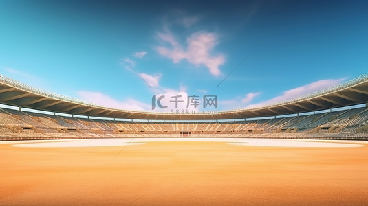 板球场的 3D 渲染展示了从前面看到的郁郁葱葱的绿色外场和球场