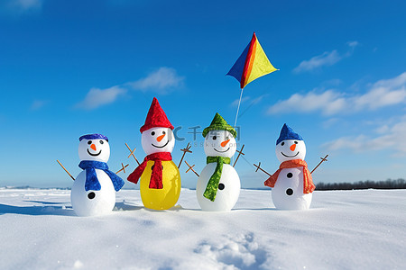 雪景可爱背景图片_四个雪人站在一起，天空中放着风筝