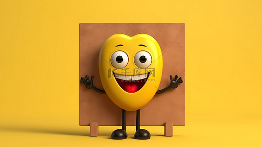 3D 渲染的红心吉祥物在黄色背景下在户外拿着空白的木制菜单板