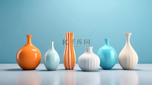 各种形状的当代陶瓷花瓶的 3D 渲染