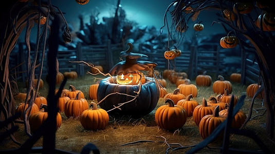 恐怖女巫背景图片_万圣节场景的怪异 3D 渲染，其中有女巫的大锅南瓜和墓地里的鬼魂