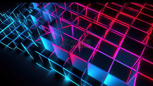 黑色网格科技背景图片_黑色背景上霓虹粉色和蓝色的模糊多边形网格抽象未来设计 3D 渲染